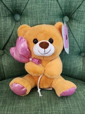 Plush Brown Teddy Bear with Pink Heart Balloon - Kids Toys